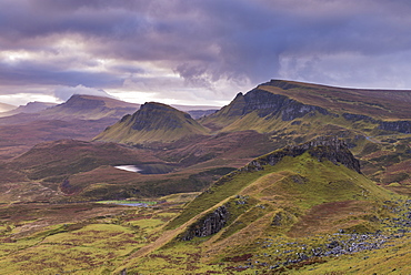 Dawn over the Trotternish mountain range, viewed from the Quiraing, Isle of Skye, Inner Hebrides, Scotland, United Kingdom, Europe