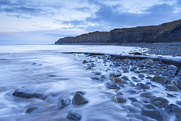 Incoming tide at Kilve Beach in winter, Somerset, England, United Kingdom, Europe