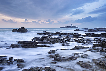 High tide at Godrevy, looking towards Godrevy Lighthouse, St. Ives Bay, Cornwall, England, United Kingdom, Europe