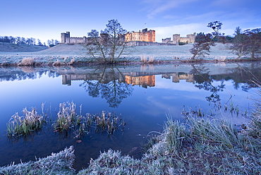 Alnwick Castle reflected in the River Aln on a frosty winter morning, Northumberland, England, United Kingdom, Europe