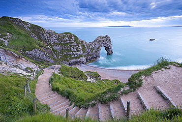 Steps leading down to Durdle Door on the Jurassic Coast, UNESCO World Heritage Site, Dorset, England, United Kingdom, Europe