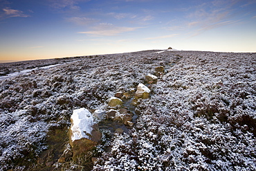 A light dusting of snow covers the moorland at Dunkery Beacon, Exmoor National Park, Somerset, England, United Kingdom, Europe