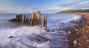 Wooden sea defences at Porlock Bay in Exmoor National Park, Somerset, England, United Kingdom, Europe