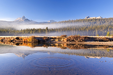 Unicorn and Cathedral Peaks reflected in the Tuolumne River, Tuolumne Meadows, Yosemite National Park, UNESCO World Heritage Site, California, United States of America, North America