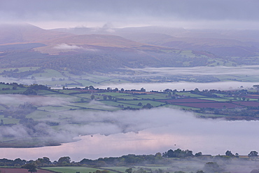 Early morning mist drifts above Llangorse Lake and the rolling fields of the Brecon Beacons National Park, Powys, Wales, United Kingdom, Europe