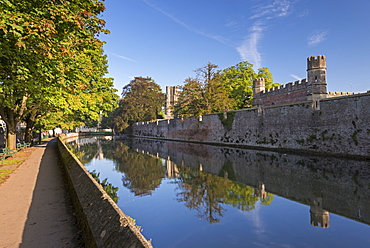 The Bishop's Palace and moat in the cathedral city of Wells, Somerset, England, United Kingdom, Europe