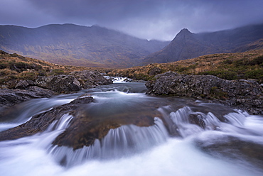 The Fairy Pools beneath the Cuillin Hills mountain range, Isle of Skye, Inner Hebrides, Scotland, United Kingdom, Europe