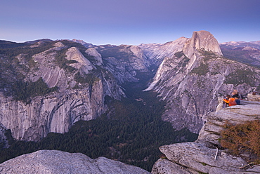 Tourists viewing Half Dome and Yosemite Valley from Glacier Point, Yosemite National Park, UNESCO World Heritage Site, California, United States of America, North America