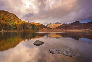 Dramatic sunrise light over Blea Tarn and the Langdale Pikes in autumn, Lake District National Park Cumbria, England, United Kingdom, Europe