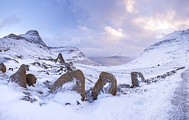 Snow covered mountains in winter on the island of Streymoy in the Faroe Islands, Denmark, Europe