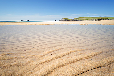 Sandy lagoon on Constantine Beach at low tide, Cornwall, England, United Kingdom, Europe