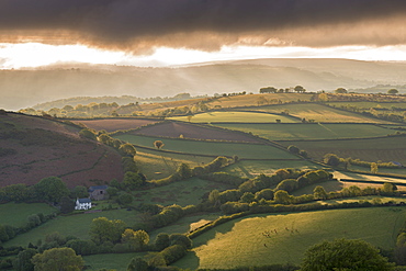 Quintatown farm surrounded by beautiful rolling countryside, Chagford, Dartmoor National Park, Devon, England, United Kingdom, Europe