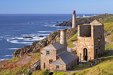 Levant tin mine and Pendeen Lighthouse, Trewellard, Cornwall, England, United Kingdom, Europe