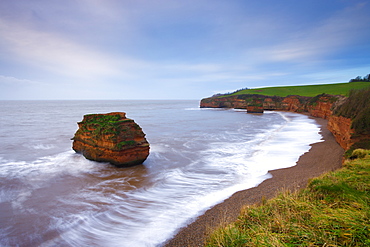 Otterton sandstone cliffs and seastacks at Ladram Bay, South Devon, England, United Kingdom, Europe