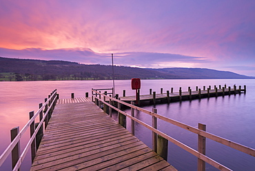 Jetty on Coniston Water at sunrise, Lake District National Park, Cumbria, England, United Kingdom, Europe