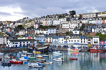 Fishing vessels and small yachts accompany the Golden Hind, at anchor in Brixham Harbour, South Devon, England, United Kingdom, Europe