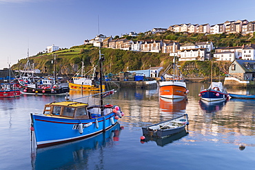 Cornish fishing boats in Mevagissey harbour at sunrise, Cornwall, England, United Kingdom, Europe