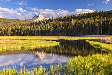 Unicorn Peak reflected in Tuolumne Grove seasonal ponds, Yosemite National Park, UNESCO World Heritage Site, California, United States of America, North America