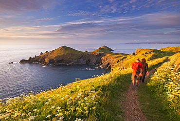 Walkers on the South West Coast Path on Pentire Head, overlooking The Rumps, Cornwall, England, United Kingdom, Europe