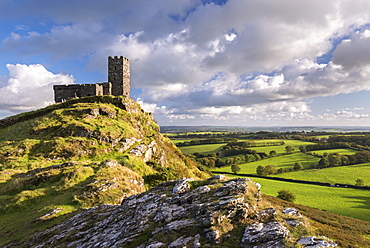 Tiny Brent Tor Church surrounded by glorious rolling countryside, Brentor, Dartmoor, Devon, England, United Kingdom, Europe