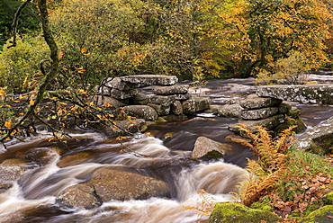 River Dart tumbling past an ancient stone clapper bridge at Dartmeet, Dartmoor National Park, Devon, England, United Kingdom, Europe