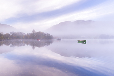 Misty autumn morning on Ullswater in the Lake District, Cumbria, England, United Kingdom, Europe