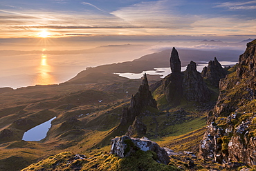 Sunrise over the spectacular Old Man of Storr basalt pinnacles on the Isle of Skye, Inner Hebrides, Scotland, United Kingdom, Europe