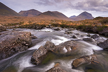 Rushing rocky river at Glen Sligachan on the Isle of Skye, Inner Hebrides, Scotland, United Kingdom, Europe