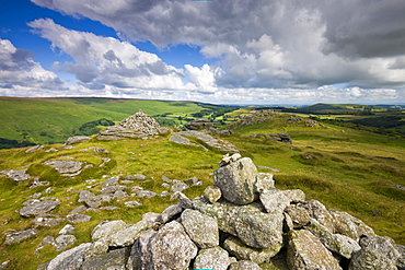 Stone cairns on the summit of Chinkwell Tor, Dartmoor National Park, Devon, England, United Kingdom, Europe