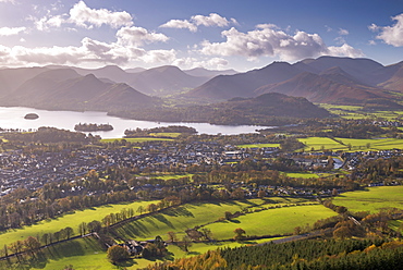 Keswick and Derwent Water on a bright autumnal afternoon, Lake District National Park, Cumbria, England, United Kingdom, Europe