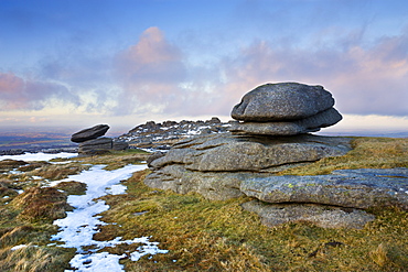 Melting snow on Belstone Tor, Dartmoor National Park, Devon, England, United Kingdom, Europe