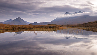 Sgurr nan Gillean mountain reflected in Loch nan Eilean, Glen Sligachan, Isle of Skye, Inner Hebrides, Scotland, United Kingdom, Europe