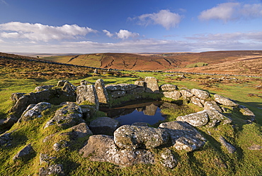 Bronze Age hut circle in Grimspound, Dartmoor National Park, Devon, England, United Kingdom, Europe