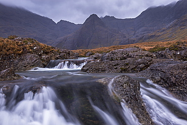 The Black Cuillin mountains from the Fairy Pools in Glen Brittle, Isle of Skye, Inner Hebrides, Scotland, United Kingdom, Europe