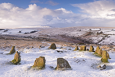 Snow covered Nine Maidens cairn circle on Belstone Common, Dartmoor, Devon, England, United Kingdom, Europe