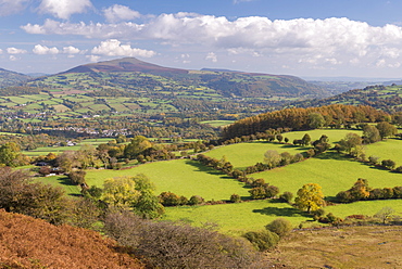 Rolling countryside views towards the Sugarloaf, Brecon Beacons, Powys, Wales, United Kingdom, Europe