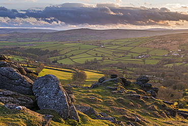 Rolling countryside near Widecombe in the Moor from Tunhill Rocks, Dartmoor, Devon, England, United Kingdom, Europe