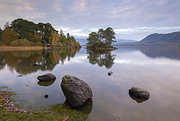 Peaceful shoreline of Derwent Water in the Lake District National Park, Cumbria, England, United Kingdom, Europe