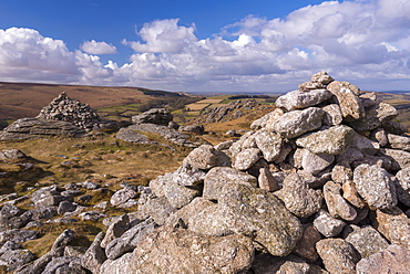 Granite stone cairns on Chinkwell Tor, Dartmoor National Park, Devon, England, United Kingdom, Europe