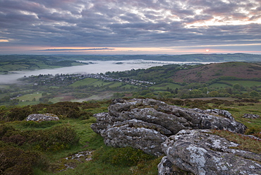 Moody sunrise over the village of Chagford in Dartmoor National Park, Devon, England, United Kingdom, Europe