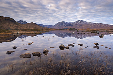 Mirror like reflections on Lochan na h-achlaise on Rannoch Moor, Highlands, Scotland, United Kingdom, Europe