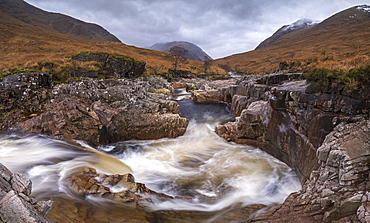 Fast flowing River Etive rushing through Glen Etive in the Scottish Highlands, Scotland, United Kingdom, Europe