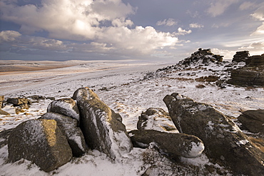 Snow covered moorland at West Mill Tor, Dartmoor, Devon, England, United Kingdom, Europe