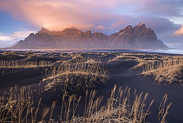 Sunset over Vestrahorn mountain on the southern coast in winter, Iceland, Polar Regions