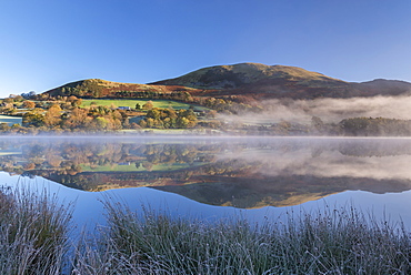 Autumnal reflections on a frosty morning at Loweswater in the Lake District National Park, Cumbria, England, United Kingdom, Europe