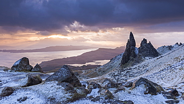 Sunrise over a frozen winter landscape at the Old Man of Storr on the Isle of Skye, Inner Hebrides, Scotland, United Kingdom, Europe