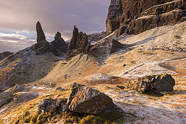 Frozen winter landscape at the Old Man of Storr on the Isle of Skye, Inner Hebrides, Scotland, United Kingdom, Europe