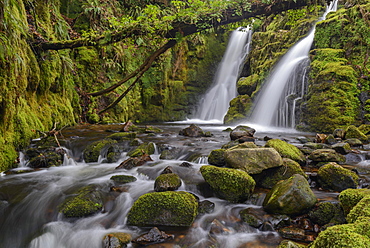 Double waterfall cascade at Venford Falls in Dartmoor National Park, Devon, England, United Kingdom, Europe