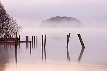 Misty autumn morning on the banks of Derwent Water, Lake District National Park, Cumbria, England, United Kingdom, Europe