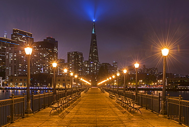 Night time illuminations on the Transamerica Pyramid from Pier 7 in San Francisco, California, United States of America, North America